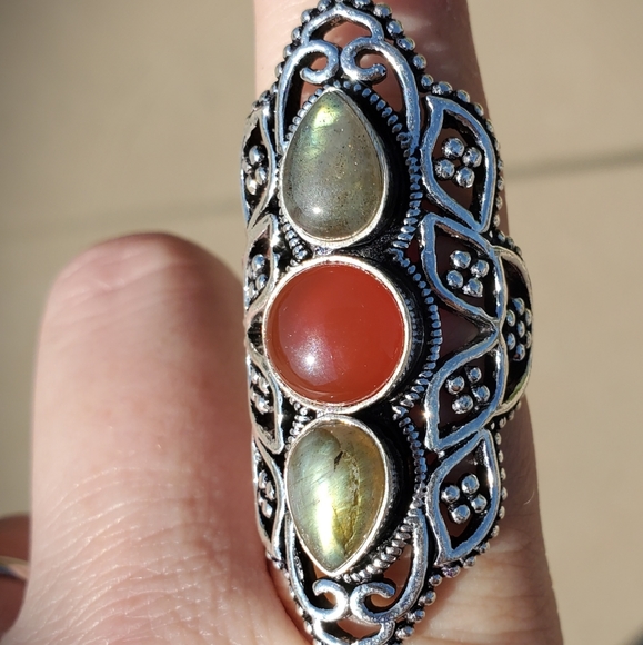 New Amazing Labradorite & Carnelian 925 Silver Ring. - Picture 7 of 12